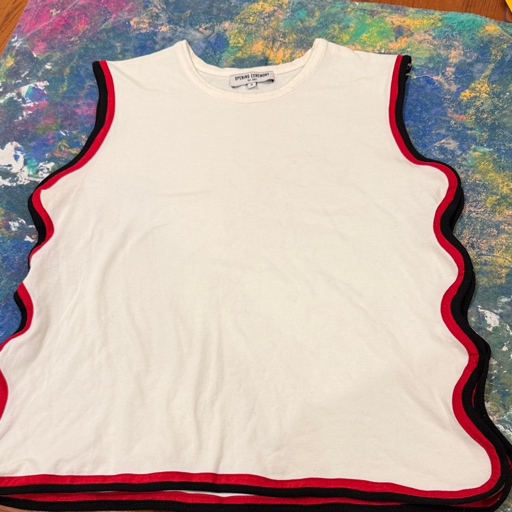 Opening Ceremony White Muscle Tee with Red and Black Trim